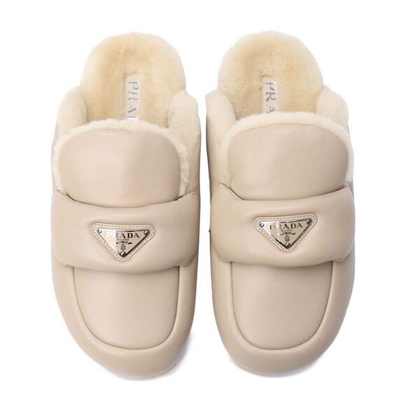 PRADA Soft Padded Nappa Leather Shearling Mules Rare Beige 40.5 - Picture 2 of 8
